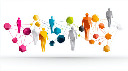 Colorful corporate network, stylized figures linked by seamless role paths, clean geometric layout