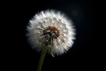 A delicate dandelion seed head glows softly against a stark black background showcasing nature s fleeting beauty and fragility