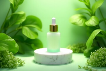 A frosted glass dropper bottle with a gold cap sits on a marble pedestal surrounded by lush green foliage