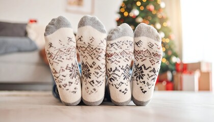 Cozy feet in festive socks on a wooden floor with a Christmas tree and gifts in the background