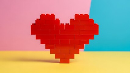 Pixelated toy brick heart over minimalist pastel