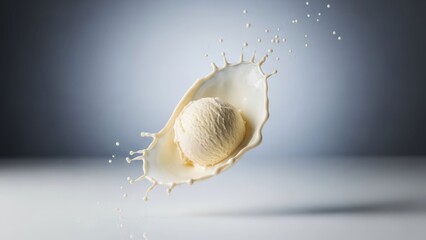 Fototapeta premium Ice cream scoop suspended mid-splash with milk droplets