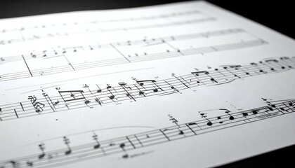 A close-up shot of sheet music displaying musical notes and symbols on a dark background
