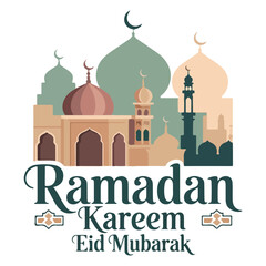 Ramadan Kareem and Eid Mubarak Islamic City Vector Illustration in Muted Colors