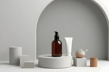 Minimalist cosmetic product display featuring a dark bottle white tube and decorative elements on geometric platforms high-quality
