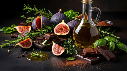A beautifully arranged still life of figs, chocolate, and olive oil
