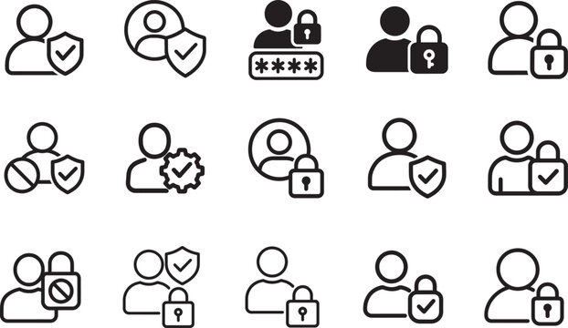  User access control and permission outline icon set for roles, authorization, security, and system management.