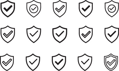   Shield with checkmark security outline icon set symbolizing protection, verification, trust, and safe systems. © Md.Ataullah