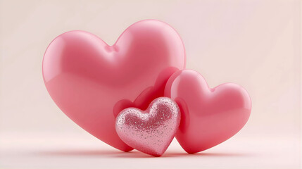 A heartwarming close-up shot featuring three elegant pink hearts, subtly varying in size and texture, set against a soft, light pink background.  