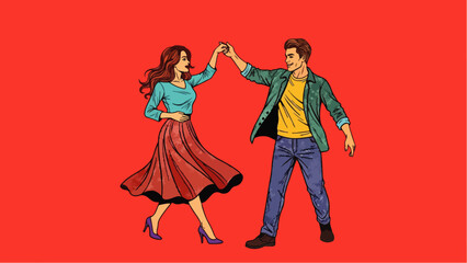 Naklejka premium Pop art vector illustration of a romantic couple: a woman and a man dancing together in a romantic embrace. Celebrating love with their partner. Ideal for love, romance, and retro themes.