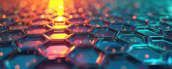 Close-up view of glowing hexagonal lattice structure, reflecting colorful neon lights. Futuristic nanotech pattern with shimmering particles, abstract tech background with bokeh.