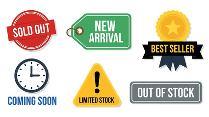 Obraz premium Collection of retail signs and tags SOLD OUT, NEW ARRIVAL, BEST SELLER, COMING SOON, LIMITED STOCK, and OUT OF STOCK, signaling retail status
