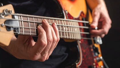 A close-up shot of a musician's hands skillfully playing a bass guitar in low light