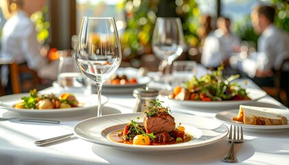 A beautifully arranged dining table with gourmet dishes, elegant glassware, and lush greenery