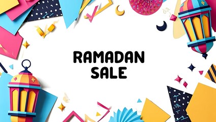 Fototapeta premium Vibrant Ramadan Sale Banner with Colorful Lanterns and Decorations