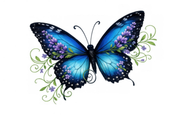 Blue butterfly with purple flowers and green vines illustration, transparent background, nature, beauty, fantasy, spring concept