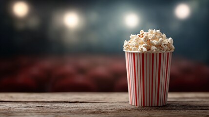 Popcorn bucket standing with red and white stripes on a rustic wooden table, with a blurred movie theater background showing red seats and bright projector lights