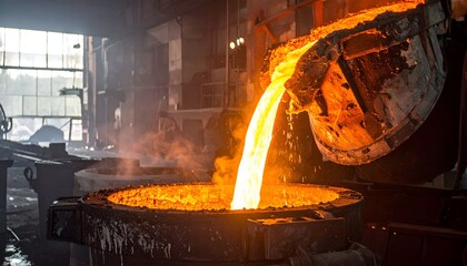 Molten metal pours from a furnace in a dimly lit industrial setting, surrounded by steam