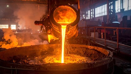 Molten metal pours from a ladle, illuminating a busy industrial environment with smoke