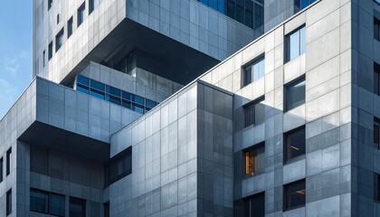 A modern building with a unique angular design rises toward a blue sky showcasing windows and reflective metal surfaces on its exterior