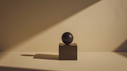 A minimalist still life sphere atop a cube, bathed in warm light and cast shadow