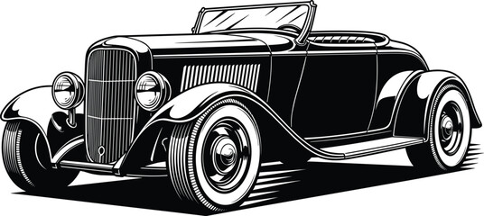 Black and White Illustration of Classic Vintage Convertible Car with Rounded Fenders and Sleek Body in Retro Vector Design
