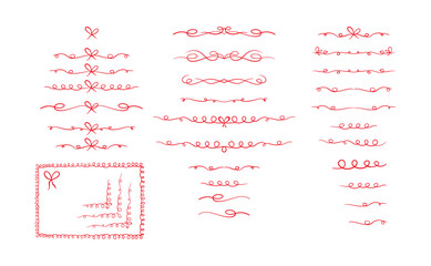 Coquette Ribbon Dividers Flourishes Set, Red Vintage Cute Simple Line Hand Drawn Bow with Loops, Decorative Wedding or Birthday Border Minimalist Doodle Isolated Design Elements, Valentines Day Cards