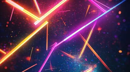 Vibrant neon lights intersecting in a futuristic space scene viewed from a dynamic angle