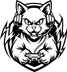 Minimal animal gaming logo of a cat in flat vector style