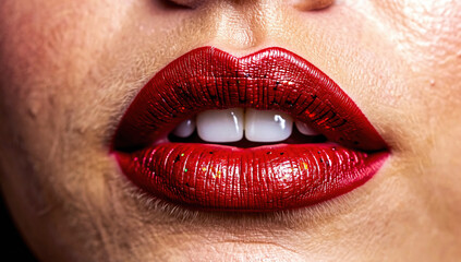 Obraz premium Close-up of Woman's Face with Red Lipstick and White Teeth