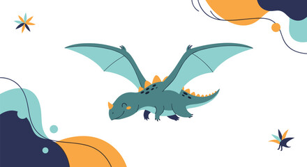 Obraz premium Cute cartoon illustration of a flying pterodactyl dinosaur with large wings and a friendly expression in a modern flat style.