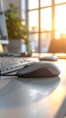 A sleek computer mouse rests on a clean desk, illuminated by warm sunlight through windows