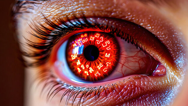 Close-up of a Human Eye with Red Iris and Glowing Symbols