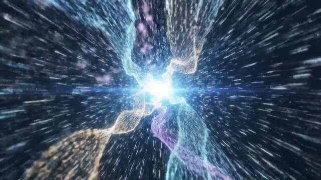 Closeup of Big data light speed warped flow. Abstract digital data stream of quantum computing. Cyberspace of qubit trail waves. Modern tech information transmission