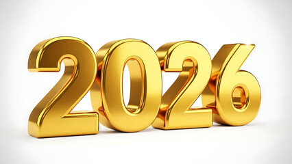 Golden 3D 2026 numbers, shiny gold digits on white background, futuristic date