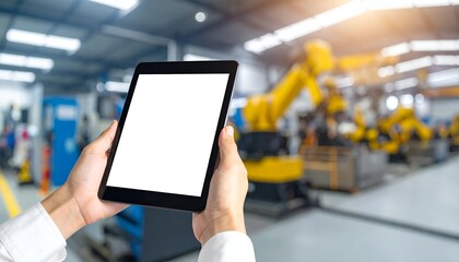 A person holds a tablet in a modern industrial setting with robotic arms in the background