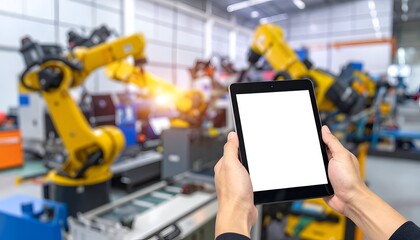 A person holding a tablet in a modern industrial setting with robotic arms in the background