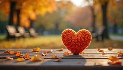 Orange knitted heart rests on wooden table in autumn park. Fallen leaves surround the symbol of love on a sunny fall day. Serene nature scene with blurred trees and benches.