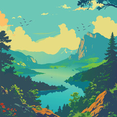 Scenic vector landscape illustration of a mountain valley with river, pine forest, and blue sky, clean flat style ideal for travel posters, wallpapers, nature branding, backgrounds, and outdoor themed