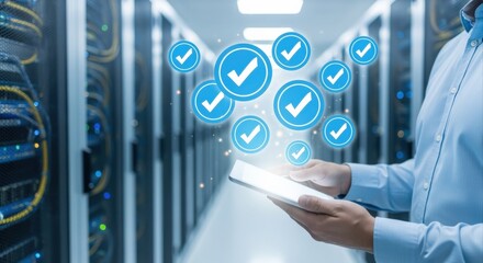 Data Center Technician Verifying System Performance Using Tablet with Checkmarks Indicating Success