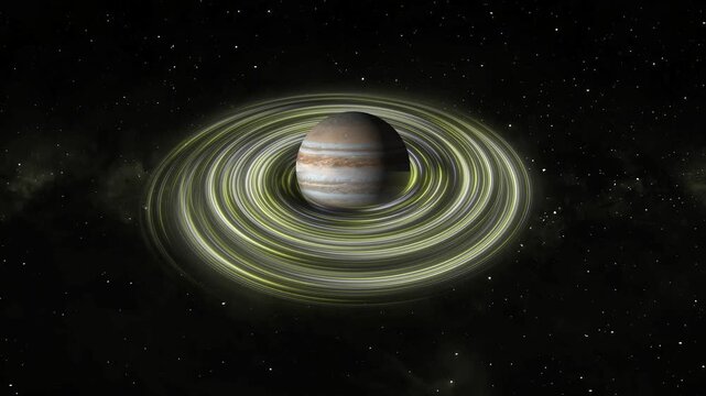 Planet Jupiter Surrounded by Glowing Yellow and White Swirling Rings in Space astronomy