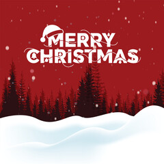 Festive Christmas vector illustration with Merry Christmas text, falling snow, pine forest silhouettes, and red winter background, clean modern style ideal for holiday cards, posters, banners, and sea