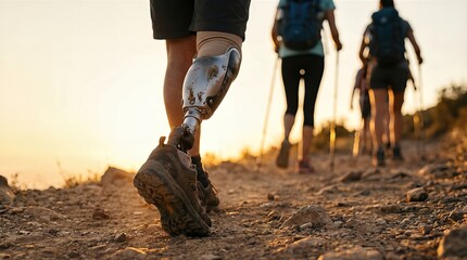 Male hiker with a prosthetic leg walks along a rugged trail at sunset, surrounded by fellow hikers, showcasing resilience and adventure in the great outdoors