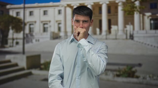 Young hispanic man covers mouth with hand for cough in front of columned building; health concern.