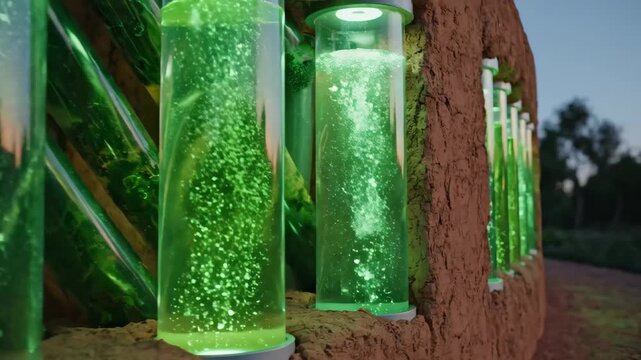 Algae bioreactor cylinders bubbling with green liquid on clay wall 4K Video