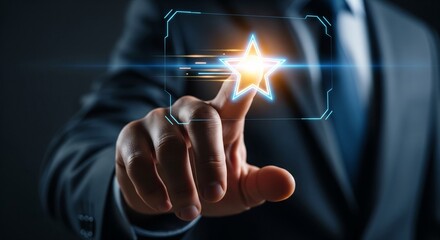 A hand presses a glowing button on a digital touchscreen interface showing modern technology and connection