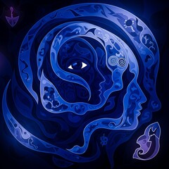 Dreamlike abstract visualization of the subconscious mind using layered shapes and deep calming tones.