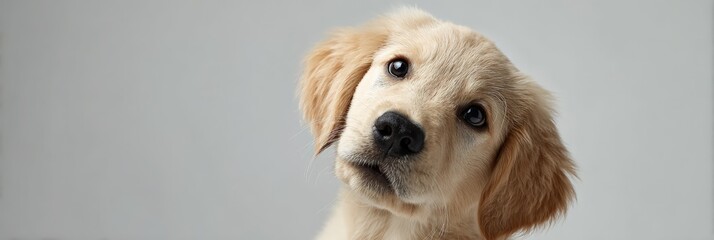 Golden retriever puppy looking directly at camera, tilting its head while focusing attention, creating an expression of innocent curiosity and playfulness on a plain background