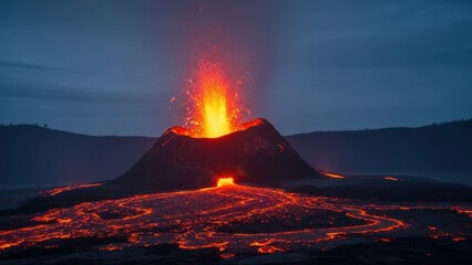 Volcanic eruption at night, lava flowing, smoke and ash filling the air