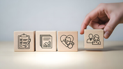 Hand places block in setup for healthcare management, patient care, medical data, and strategic service planning
